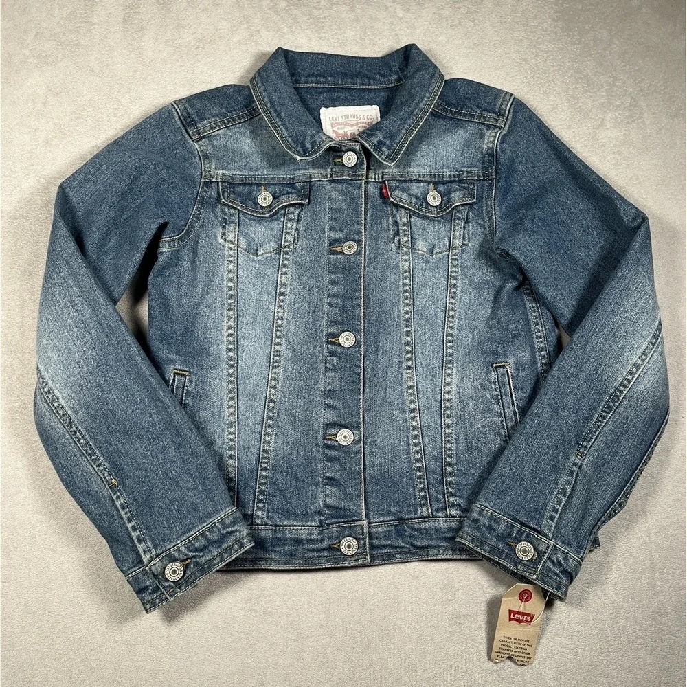 NWT-Levi's Girls' Med Wash Cotton Denim Button-Front Trucker Jacket XL 13-15 Yrs